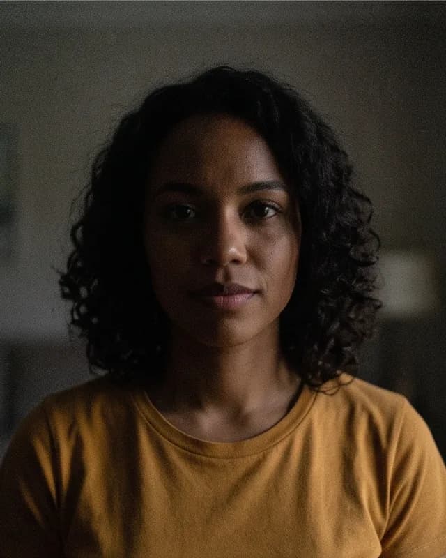 The same woman in a dim room, with deep shadows across her face.