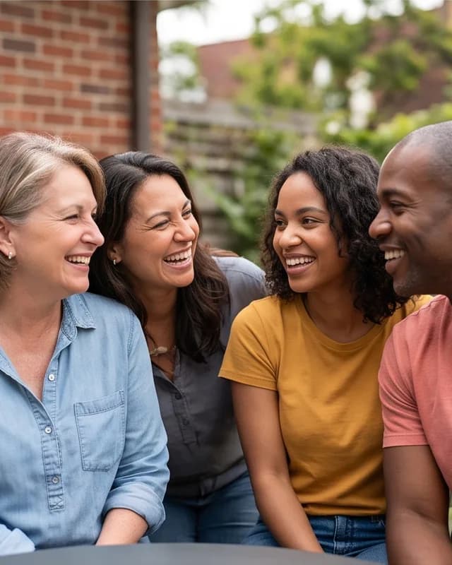 The woman laughing in a group of four friends, with nobody at the center.