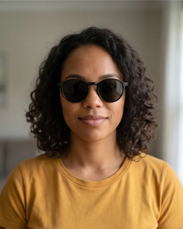 The same woman wearing dark sunglasses that hide her eyes.