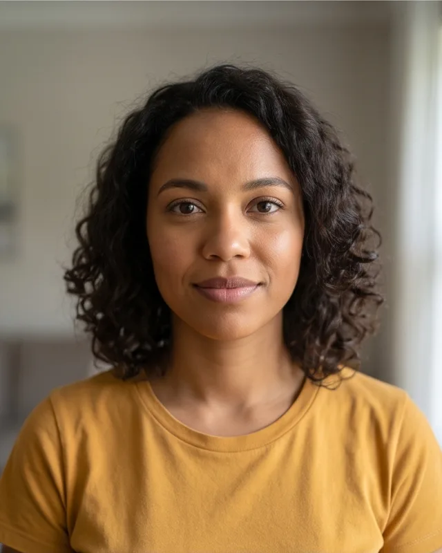 A woman with curly hair faces the camera in soft daylight. Her whole face is sharp and easy to see.