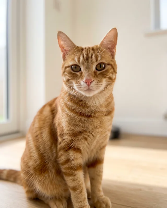 A ginger tabby cat sitting and looking straight at the camera in bright daylight.