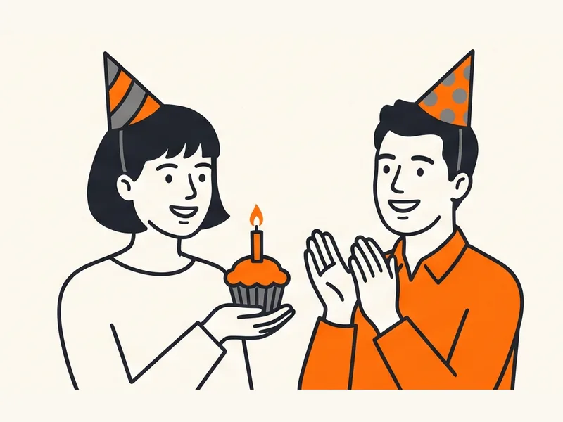 Illustration of two friends in party hats; one holds a cupcake with a lit candle while the other claps.