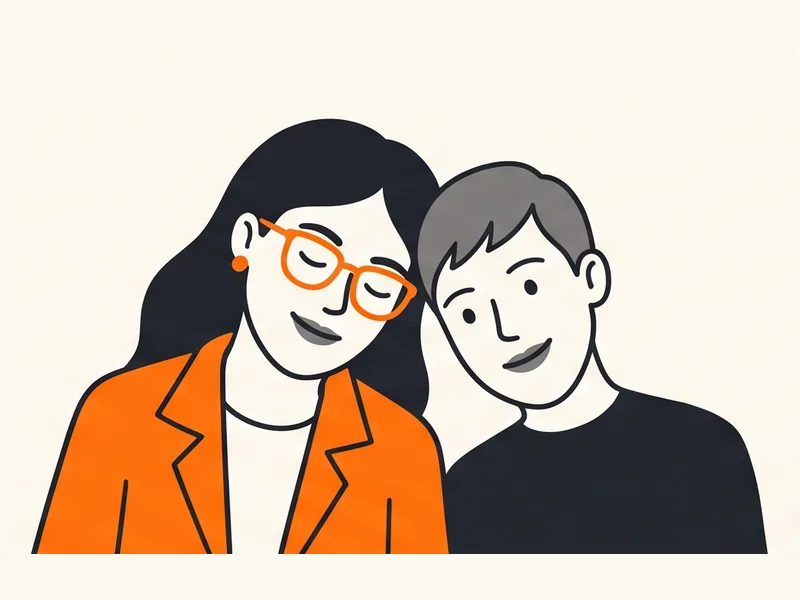 Illustration of a couple leaning their heads together; one wears orange glasses.