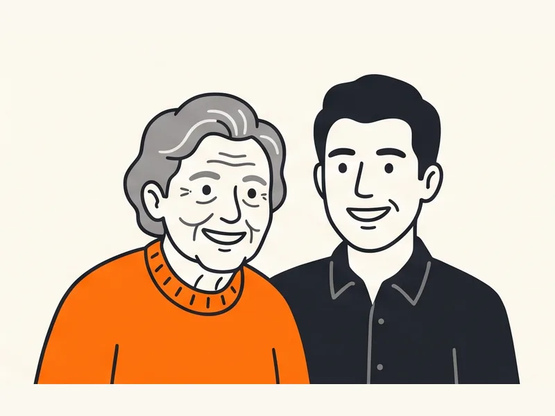 Illustration of a smiling grandmother in an orange sweater next to a younger adult relative.