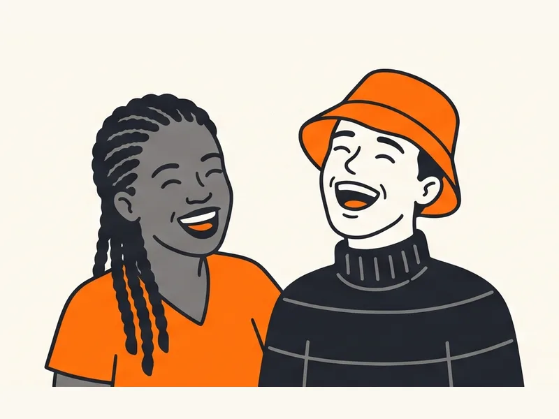 Illustration of two laughing friends, one with long braids and one in an orange bucket hat.