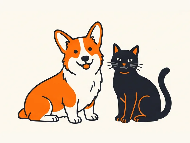 Illustration of a corgi sitting next to a black cat, both looking at the viewer.